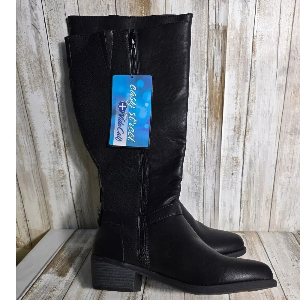 Easy Street Plus Wide Calf Black Knee High Boots Paisley Embossed Side Zip NWT